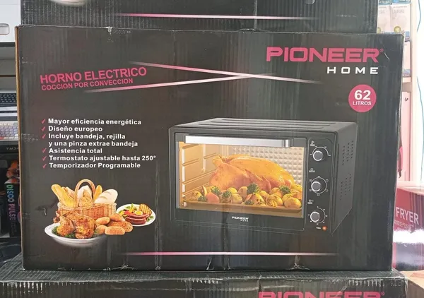 HORNO ELÉCTRICO PIONEER 62 LITROS incluye bandeja y parrilla una pinza extrae bandeja termostato ajustable hasta 250g temporizador programable